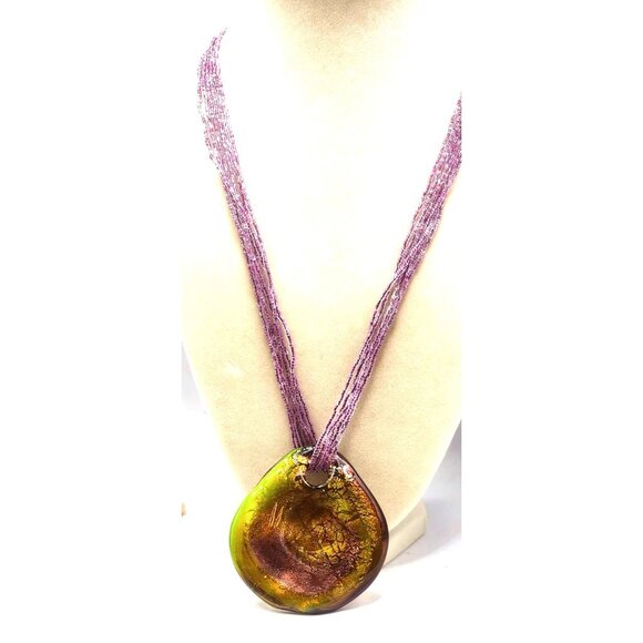 Dichroic Glass Pendant On Multi Strand Seed Amythest Necklace, Purple/Yelllow - Picture 2 of 5